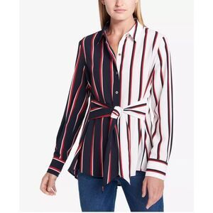 Tommy Hilfiger Tie-Front Stripped Color Block Tunic Shirt Size Large